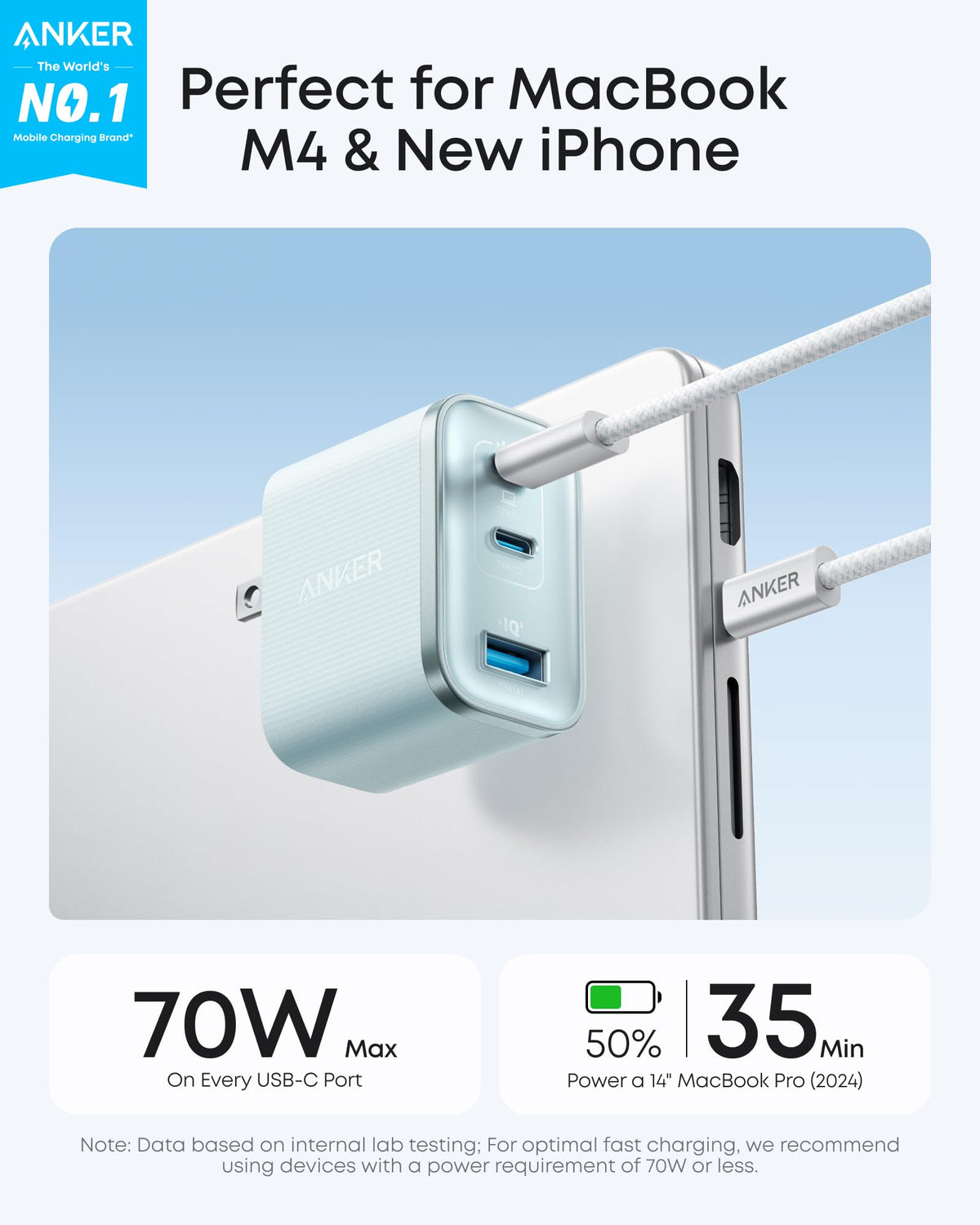 Anker Nano Charger, Ultra-Fast 70W Output 3-Port USB C Charger Block, Fast Charging, Compact and Stylish, for iPhone 17/16 Series, MacBook, iPad, Pixel, Galaxy, and More(Black, Cable Included)