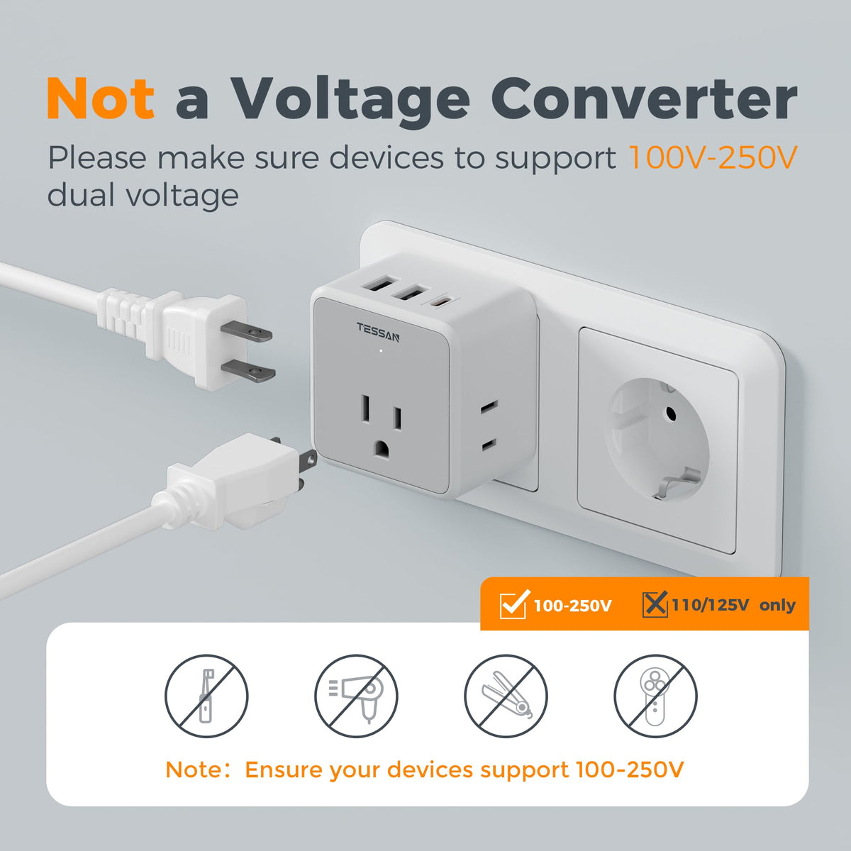 TESSAN All European UK Travel Plug Adapter Kit, International Detachable with 3 Outlet 3 USB Charger (1 USB C), Type C/G/E/F EU Ireland Power Adaptor, US to Europe Italy Spain France Greece