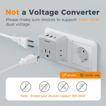 TESSAN All European UK Travel Plug Adapter Kit, International Detachable with 3 Outlet 3 USB Charger (1 USB C), Type C/G/E/F EU Ireland Power Adaptor, US to Europe Italy Spain France Greece