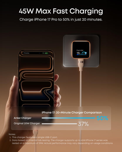Anker Smart Display Charger, Anker Nano USB C Charger Block, 45W Max GaN Phone Charger,180° Foldable Plug,Smart Recognition,Built-in Care Mode,for iPhone17/16/15(Non-Battery,One USB-C Port,No Cable)