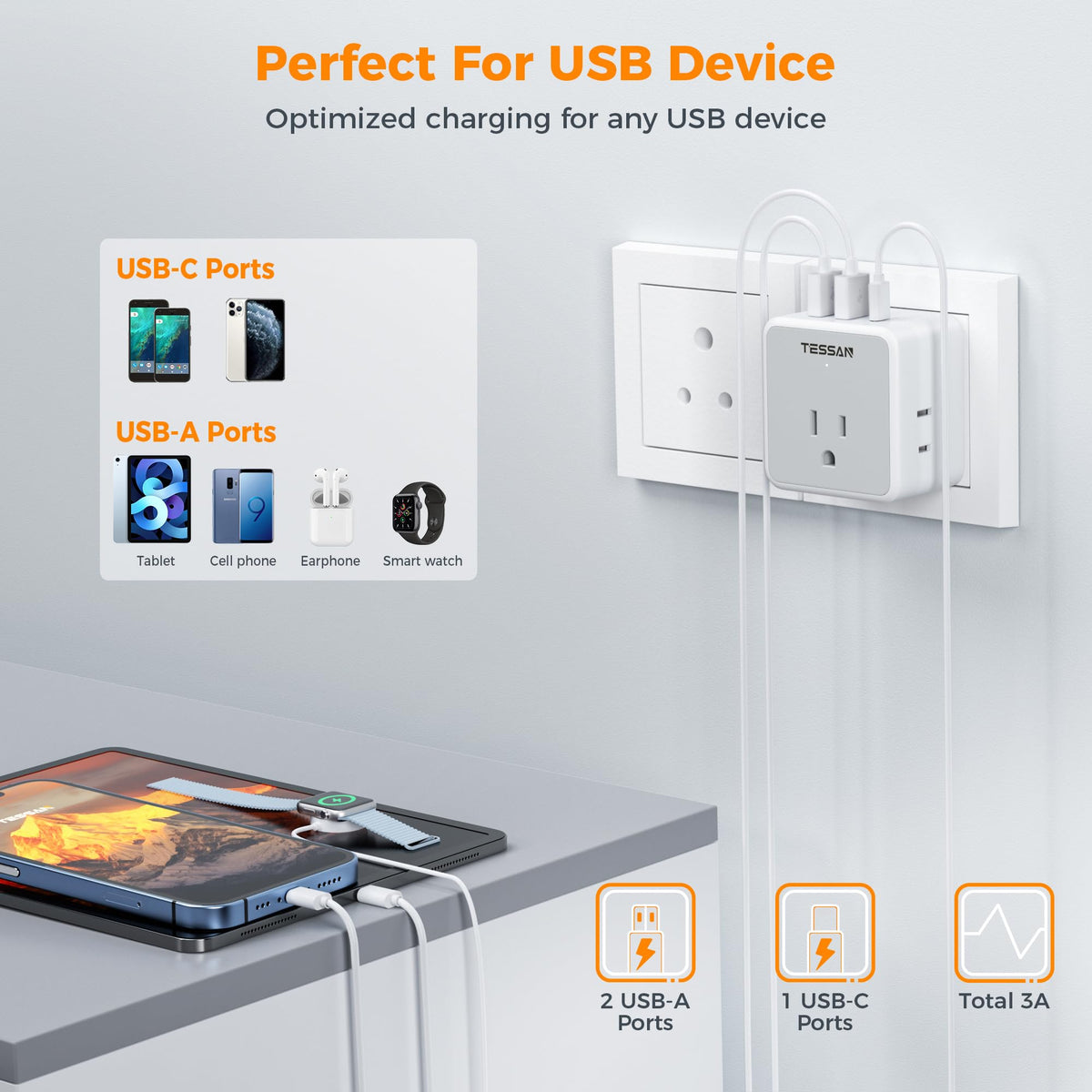 TESSAN All European UK Travel Plug Adapter Kit, International Detachable with 3 Outlet 3 USB Charger (1 USB C), Type C/G/E/F EU Ireland Power Adaptor, US to Europe Italy Spain France Greece