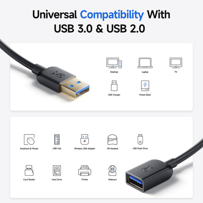 Cable Matters 5Gbps Long USB Extension Cable - 10ft, USB 3.0 Extension Cable, Male to Female USB3.0 Extender, Compatible with Webcam, VR Headset, Printer, Hard Drive, Black