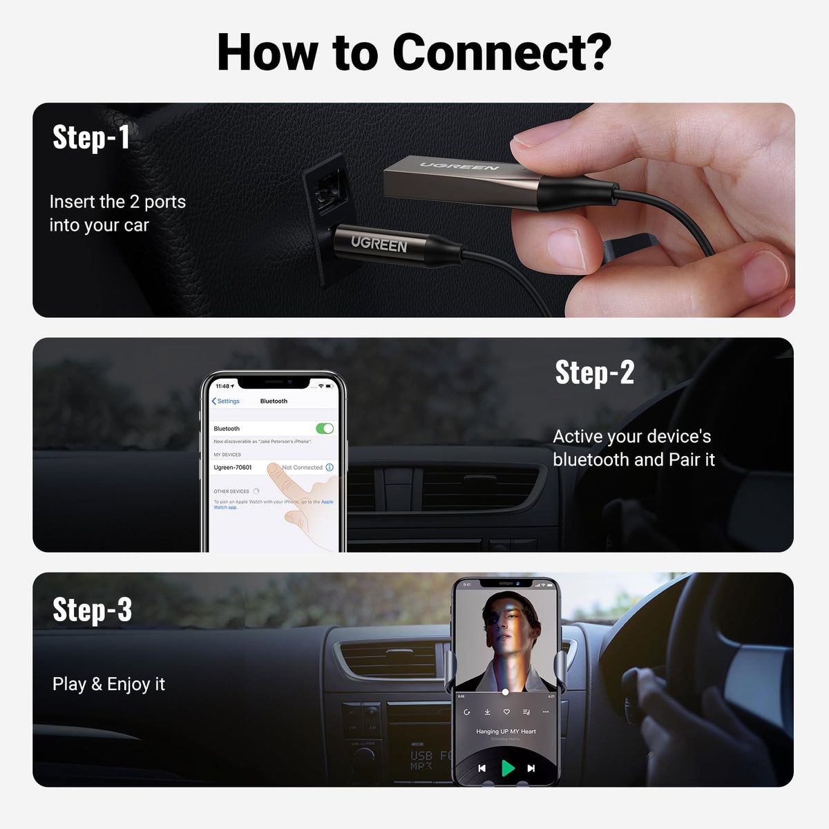 UGREEN Aux to Bluetooth 6.0 Adapter 3.5mm Bluetooth Receiver for Car USB 2.0 to 3.5mm Jack Kit with Built-in Microphone Aux Input for Hands-Free Calls Compatible with Car Speaker and Home Audio