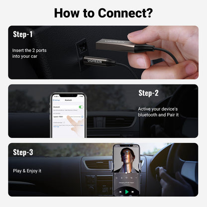 UGREEN Aux to Bluetooth 6.0 Adapter 3.5mm Bluetooth Receiver for Car USB 2.0 to 3.5mm Jack Kit with Built-in Microphone Aux Input for Hands-Free Calls Compatible with Car Speaker and Home Audio