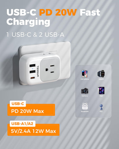 2 Pack European Plug Adapter USB C, TESSAN US to Europe Adapter 4 Outlets 3 USB Charger, Type C International Power Adaptor to Italy Spain France Portugal Iceland Germany, Europe Travel Essentials
