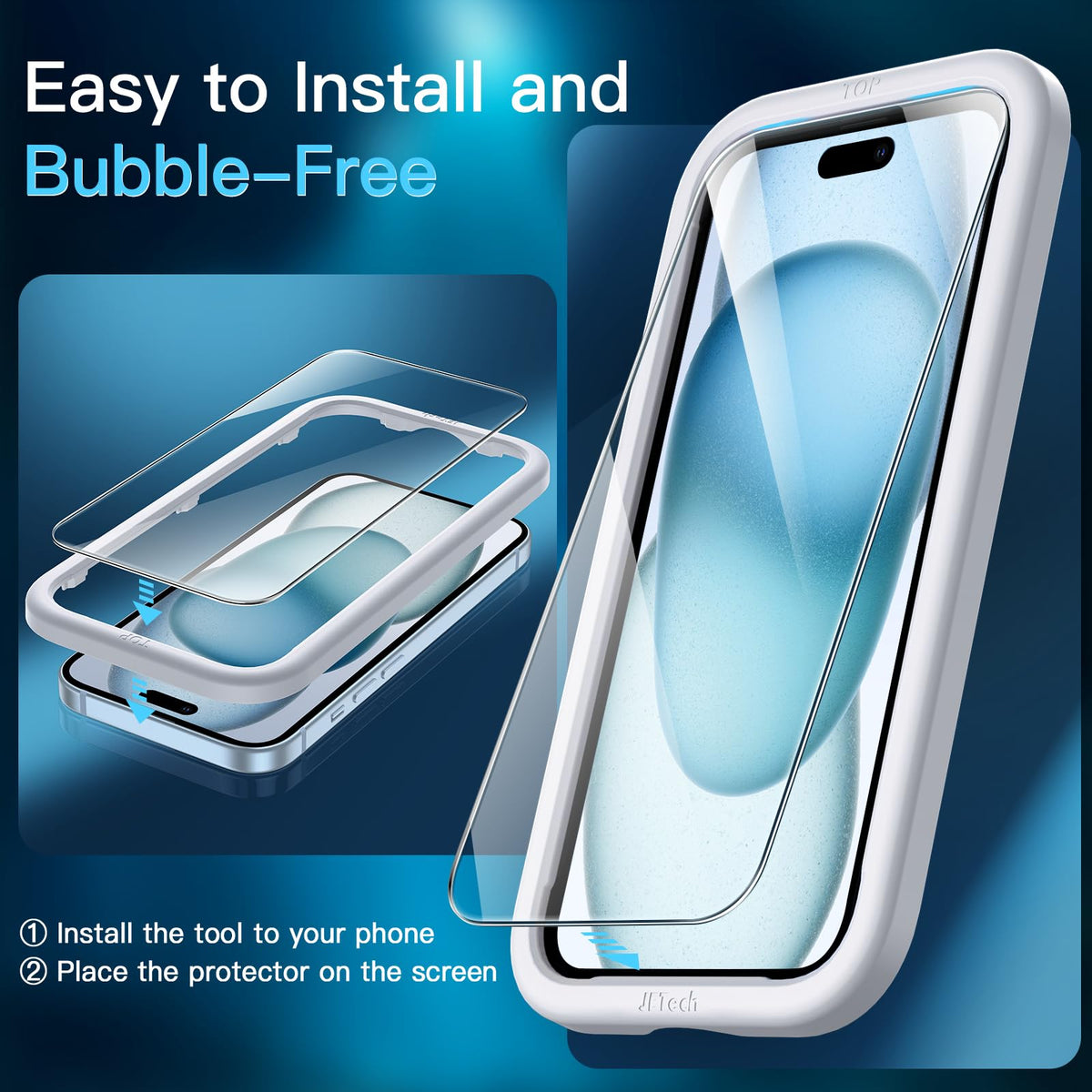 JETech Screen Protector for iPhone 15 6.1-Inch, Bubble Free, Tempered Glass Film with Easy Installation Tool, Case-Friendly, HD Clear, 2-Pack