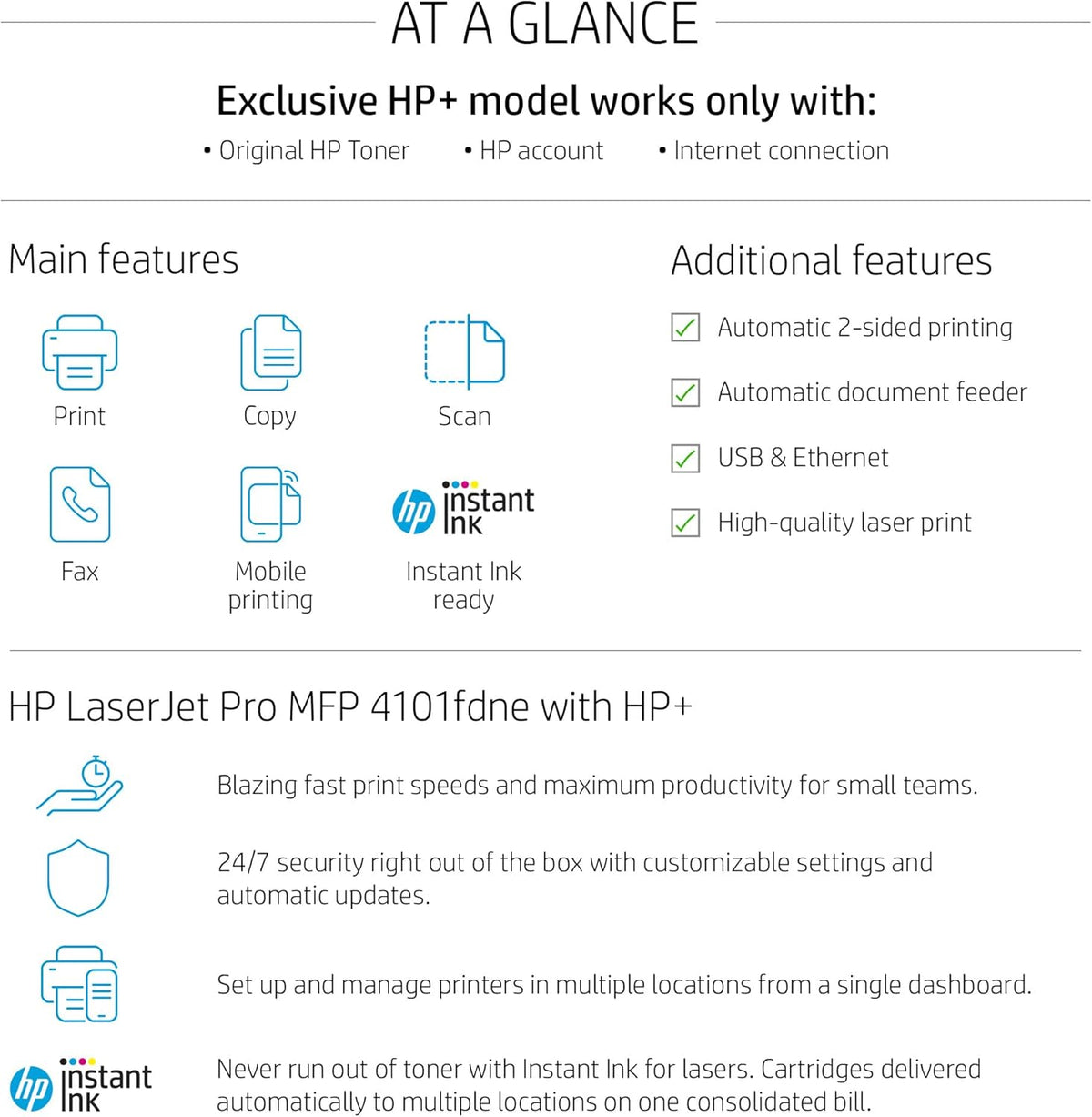 HP LaserJet Pro MFP 4101fdne Black & White Monochrome Printer with HP+ Smart Office Features and Fax