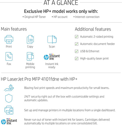 HP LaserJet Pro MFP 4101fdne Black & White Monochrome Printer with HP+ Smart Office Features and Fax