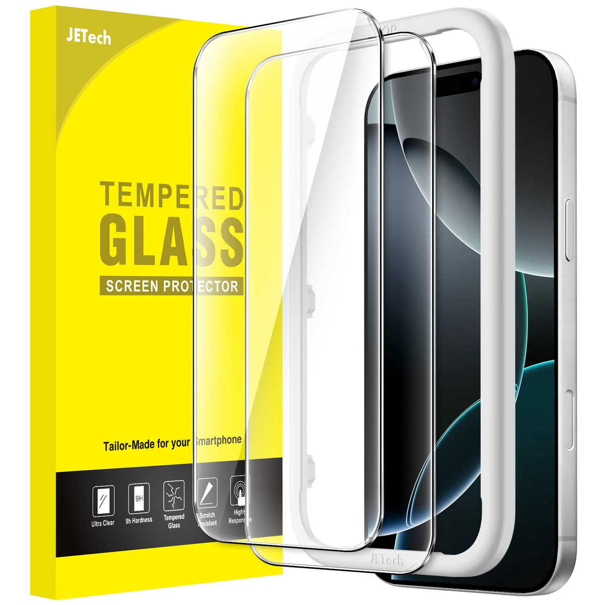 JETech Screen Protector for iPhone 15 6.1-Inch, Bubble Free, Tempered Glass Film with Easy Installation Tool, Case-Friendly, HD Clear, 2-Pack