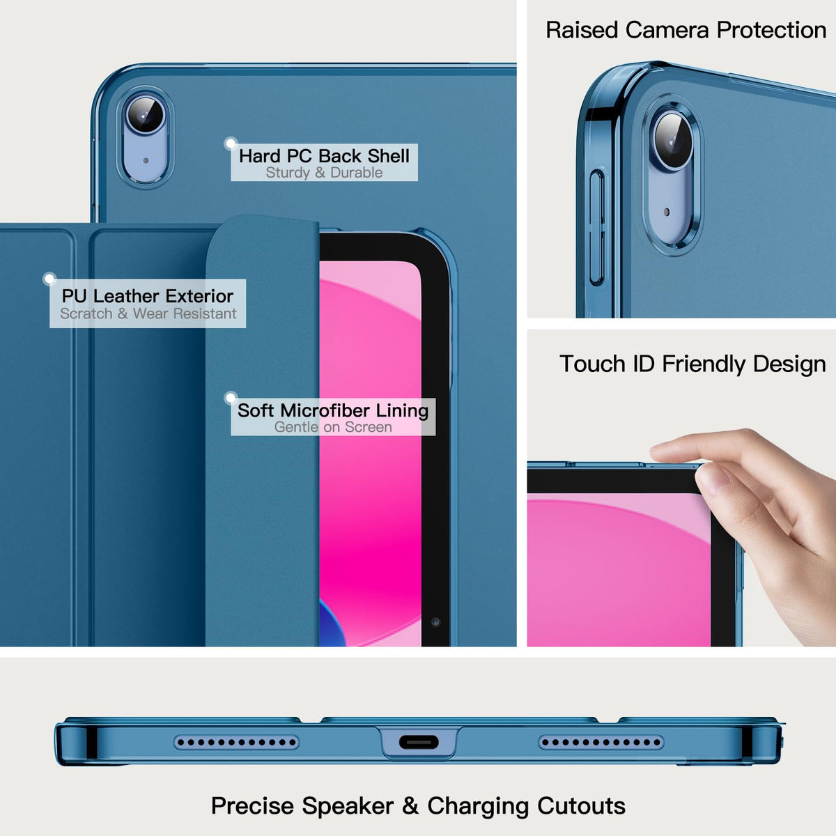 JETech Case for iPad (A16) 11th Generation 11 Inch 2025 / iPad 10th Generation 10.9 Inch 2022, Slim Smart Cover with Hard PC Translucent Back, Supports Touch ID, Auto Wake/Sleep (Navy Blue)