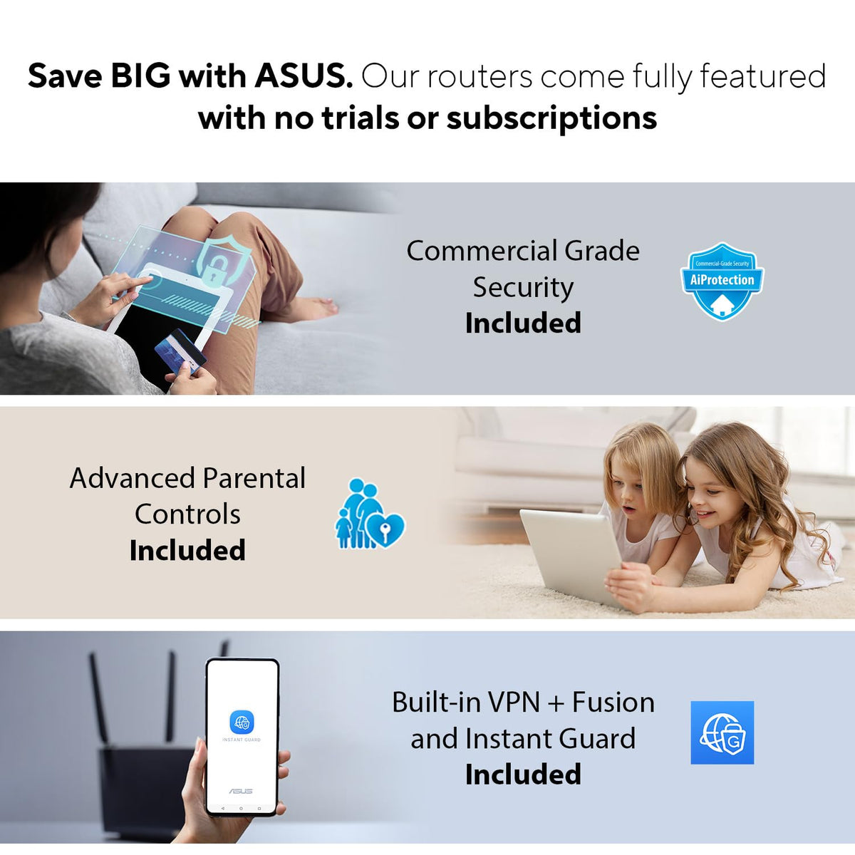 ASUS RT-AX1800S Dual Band WiFi 6 Extendable Router, Subscription-Free Network Security, Parental Control, Built-in VPN, AiMesh Compatible, Gaming & Streaming, Smart Home