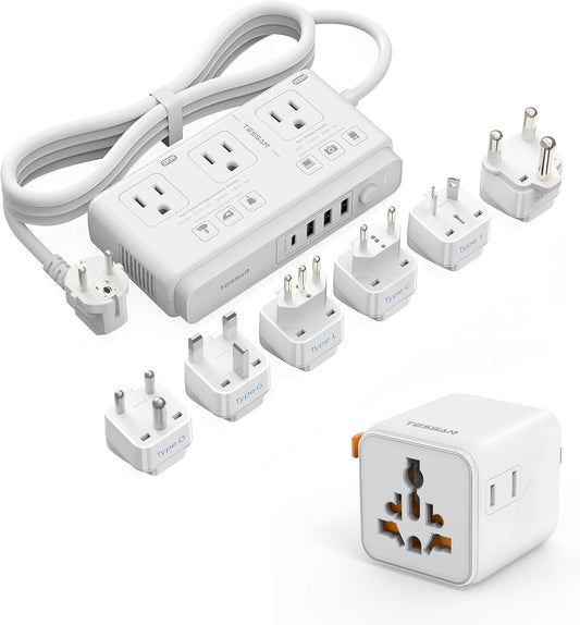 TESSAN Universal Travel Adapter with Dual AC Outlet (Type C G A I) and 220V to 110V Voltage Converter with 4 USB Ports (1 USB C), 3 AC Outlet and EU/UK/AU/IT/in/ZA International Power Adapter