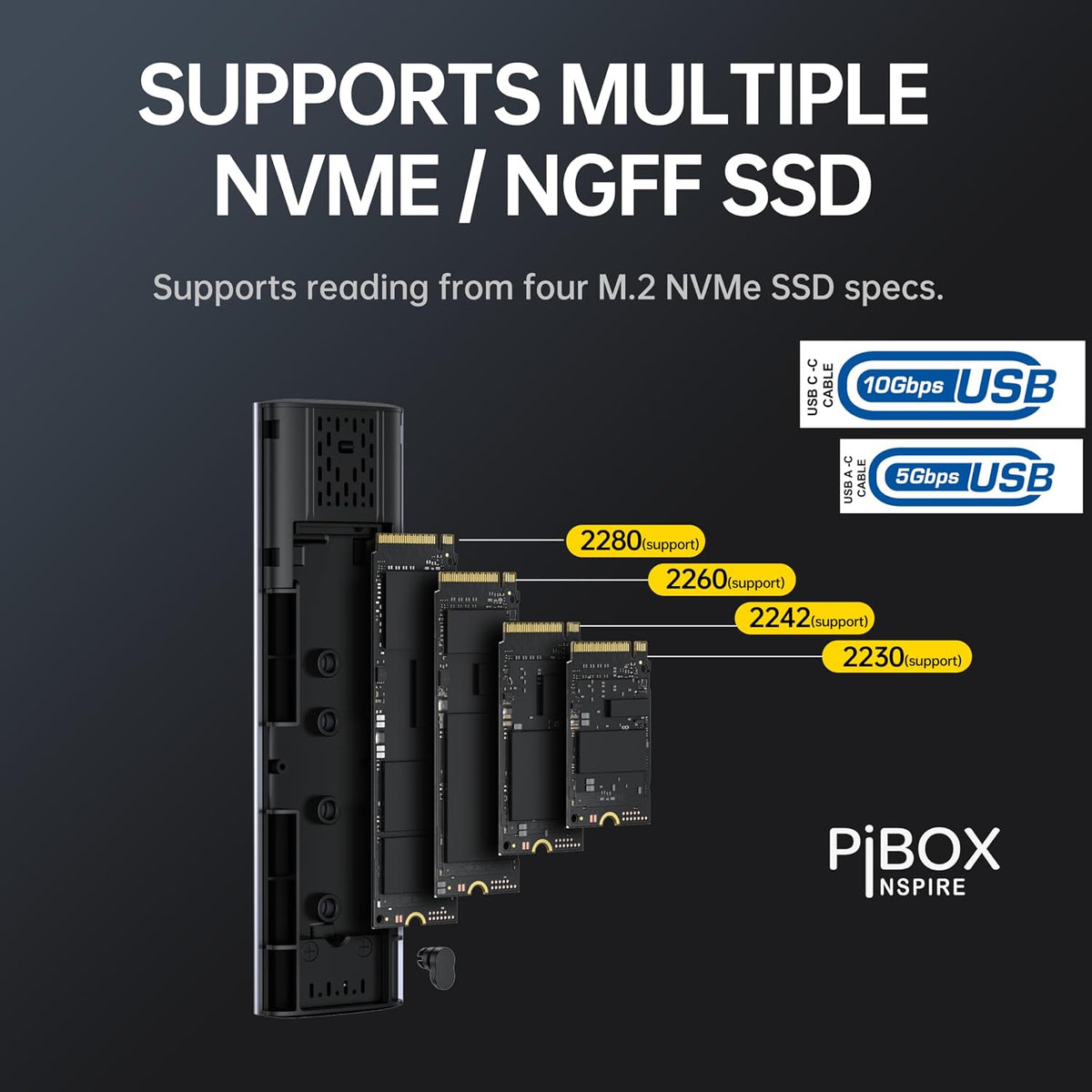 PiBOX India NVMe M2 Enclosure - Dual Protocol USB 3.2 Tool-Free Case, PCI-E Reader, USB-C, M & B+M Keys, 2230/2242/2260/2280 SSDs