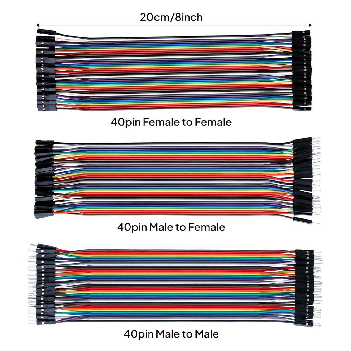 ELEGOO 120pcs Multicolored Dupont Wire 40pin Male to Female, 40pin Male to Male, 40pin Female to Female Breadboard Jumper Ribbon Cables Kit Compatible with Arduino Projects
