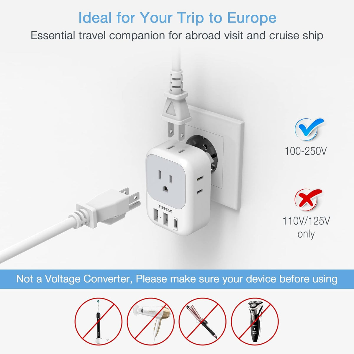 TESSAN European Travel Plug Adapter USB C, Type C Power Adaptor with 4 AC Outlets for USA to EU Italy Iceland Spain France Greece Germany
