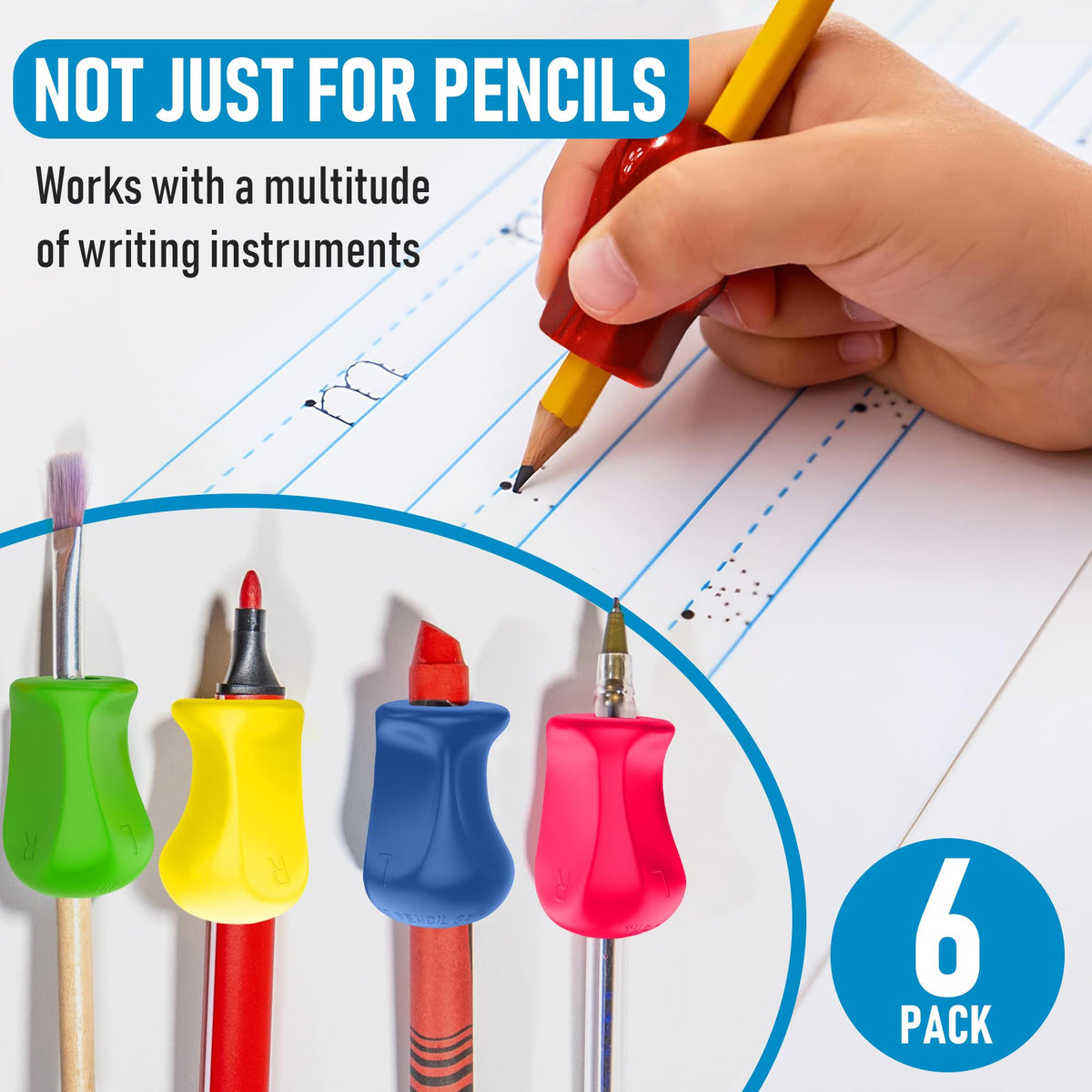 The Pencil Grip Original Pencil Grippers 6 Pcs, Improves Kids Handwriting, Ergonomic Pen Holder for Righties & Lefties, Ideal for Kids, Toddlers, Adults, Writing Tool with Finger Cushion