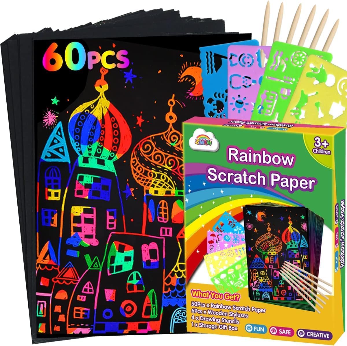ZMLM Scratch Paper Art Set: 60 Pcs Magic Art Craft Kid Return Gifts Scratch Paper Supplies Toddler Preschool Learning Toys for Age 3 4 5 6 7 8 Girls Boys Birthday Activities Party Favors