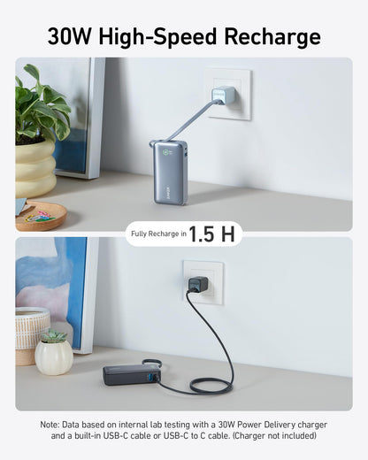 Anker Nano Power Bank, 10,000mAh Portable Charger with Built-in USB-C Cable, 30W Recharging, 30W Max Output with USB-C&A, for iPhone 17/16/15 Series, MacBook, Galaxy, AirPods, and More