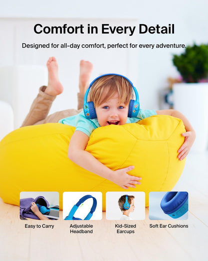 Belkin SoundForm Mini - Wireless Bluetooth Kids Headphones, 30H Battery, 85dB Safe Volume Limit, Built-in Microphone - Toddler On-Ear Earphones for iPhone, iPad - Ideal for School - Blue w/Case