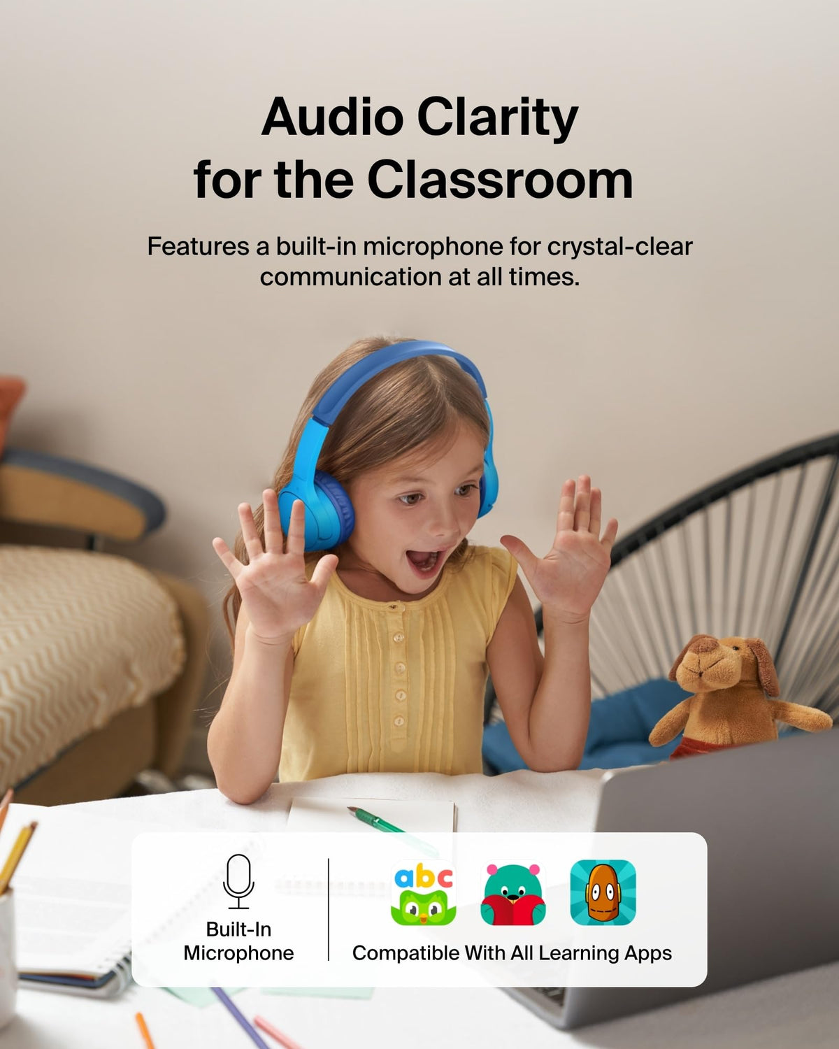 Belkin SoundForm Mini - Wireless Bluetooth Kids Headphones, 30H Battery, 85dB Safe Volume Limit, Built-in Microphone - Toddler On-Ear Earphones for iPhone, iPad - Ideal for School - Blue w/Case