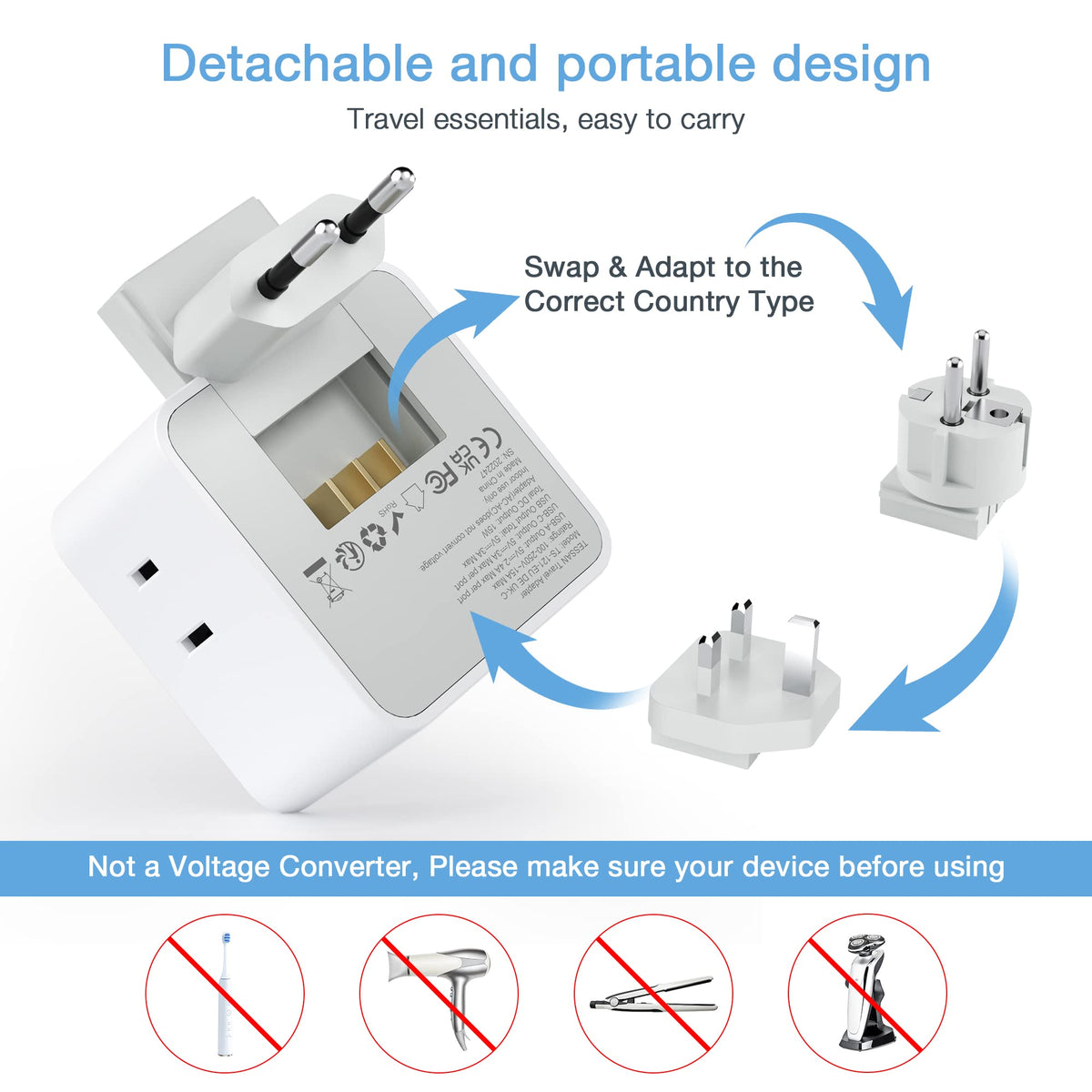 TESSAN All European UK Travel Plug Adapter Kit, International Detachable with 3 Outlet 3 USB Charger (1 USB C), Type C/G/E/F EU Ireland Power Adaptor, US to Europe Italy Spain France Greece