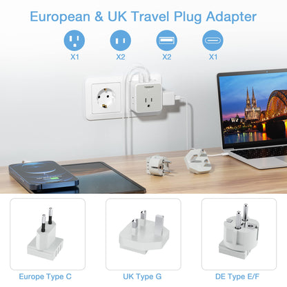 TESSAN All European UK Travel Plug Adapter Kit, International Detachable with 3 Outlet 3 USB Charger (1 USB C), Type C/G/E/F EU Ireland Power Adaptor, US to Europe Italy Spain France Greece