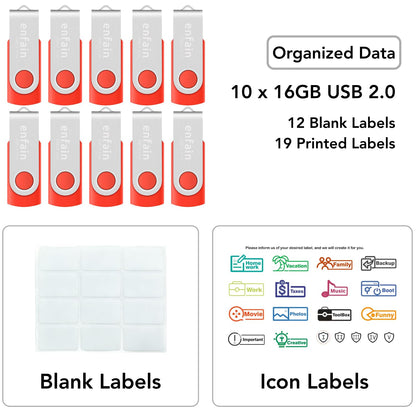 Enfain 16GB USB 2.0 Flash Drive 10 Pack | Swivel Thumb Drives with 31 Labels | Gift-Ready Packaging for Corporate Events, Office & Team Distributions (Black)