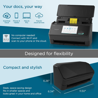 ScanSnap iX1600 Wireless or USB High-Speed Cloud Enabled Document, Photo & Receipt Scanner with Large Touchscreen and Auto Document Feeder for Mac or PC, 17 watts, Black