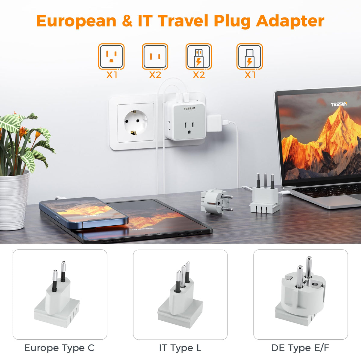 TESSAN All European UK Travel Plug Adapter Kit, International Detachable with 3 Outlet 3 USB Charger (1 USB C), Type C/G/E/F EU Ireland Power Adaptor, US to Europe Italy Spain France Greece