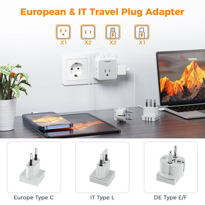 TESSAN All European UK Travel Plug Adapter Kit, International Detachable with 3 Outlet 3 USB Charger (1 USB C), Type C/G/E/F EU Ireland Power Adaptor, US to Europe Italy Spain France Greece