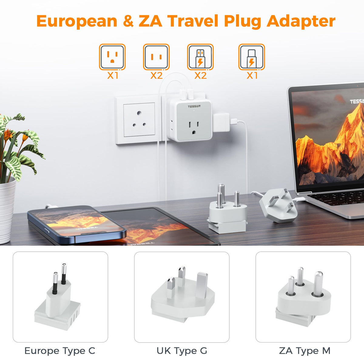 TESSAN All European UK Travel Plug Adapter Kit, International Detachable with 3 Outlet 3 USB Charger (1 USB C), Type C/G/E/F EU Ireland Power Adaptor, US to Europe Italy Spain France Greece