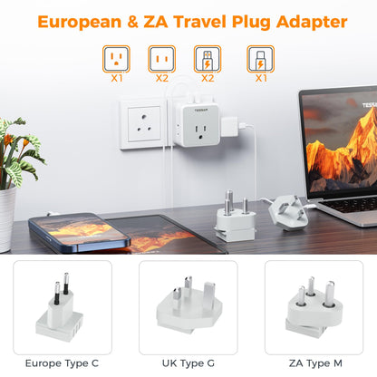 TESSAN All European UK Travel Plug Adapter Kit, International Detachable with 3 Outlet 3 USB Charger (1 USB C), Type C/G/E/F EU Ireland Power Adaptor, US to Europe Italy Spain France Greece