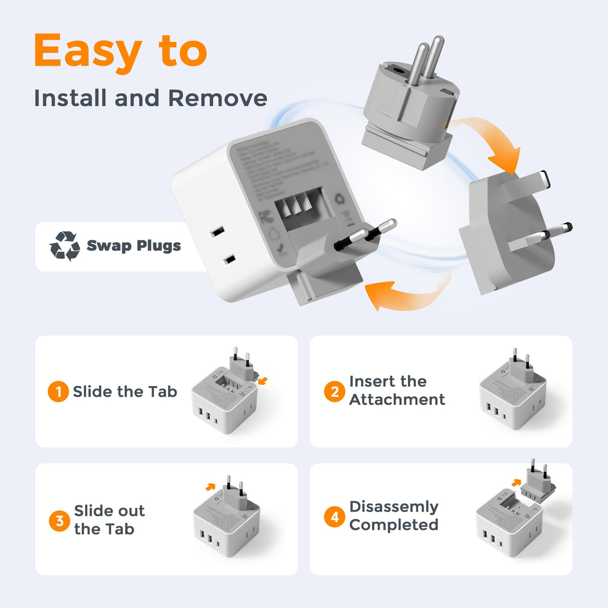 TESSAN All European UK Travel Plug Adapter Kit, International Detachable with 3 Outlet 3 USB Charger (1 USB C), Type C/G/E/F EU Ireland Power Adaptor, US to Europe Italy Spain France Greece