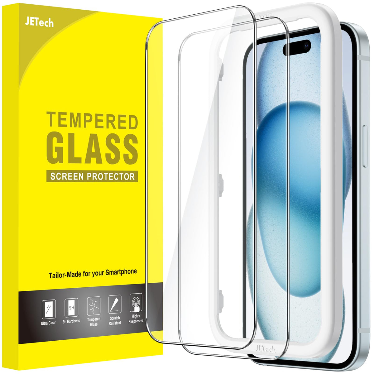 JETech Screen Protector for iPhone 15 6.1-Inch, Bubble Free, Tempered Glass Film with Easy Installation Tool, Case-Friendly, HD Clear, 2-Pack