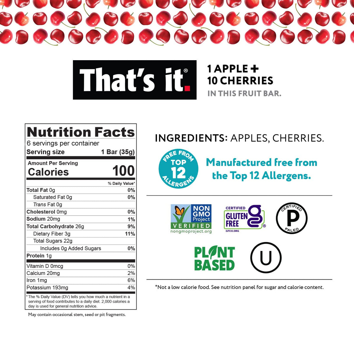 That's it. Fruit Bars 12 Variety Pack 100% Natural Real Fruit Bar, High Fiber Vegan, Gluten Free, Paleo, Non-GMO No Sugar Added (6 Mango, 6 Cherry)