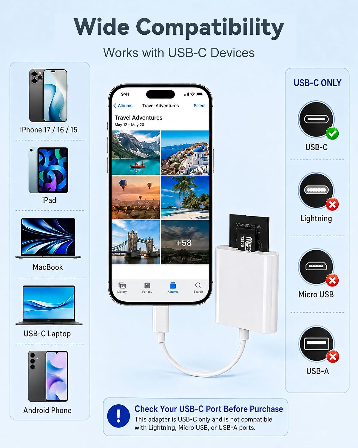 USB-C SD Card Reader, Dual Slot SD/MicroSD Adapter for iPhone 17/16/15