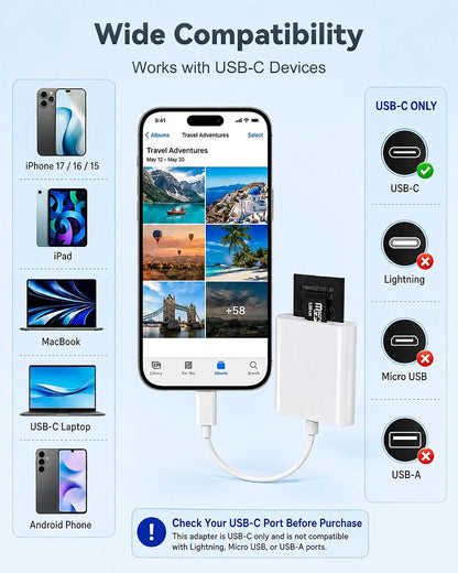 USB-C SD Card Reader, Dual Slot SD/MicroSD Adapter for iPhone 17/16/15
