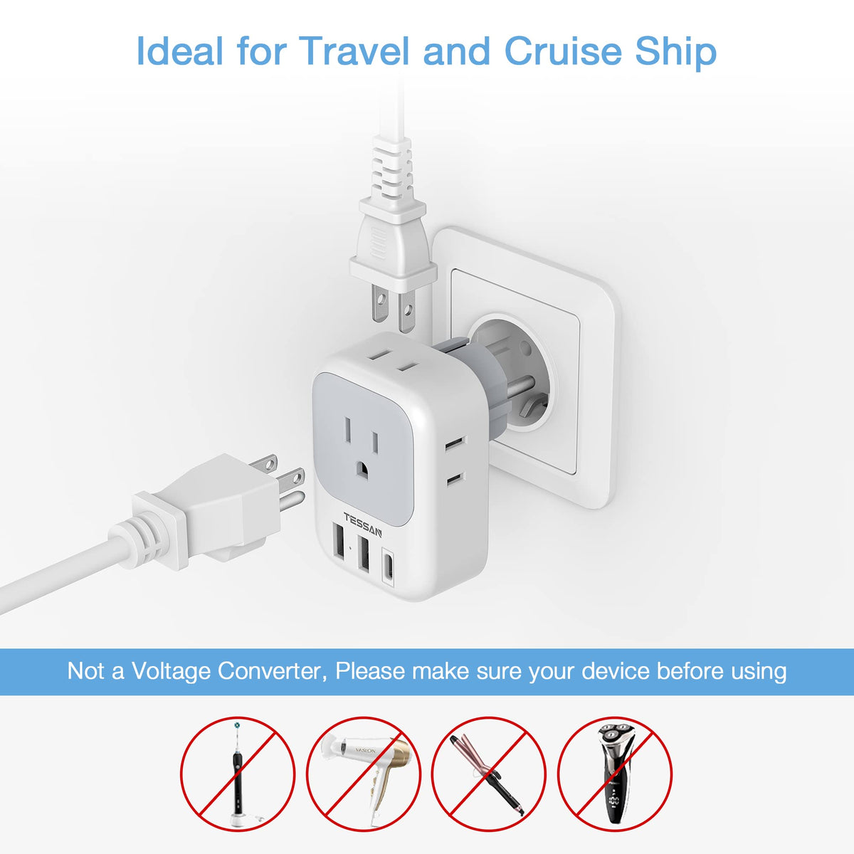 2 Pack European Plug Adapter USB C, TESSAN US to Europe Adapter 4 Outlets 3 USB Charger, Type C International Power Adaptor to Italy Spain France Portugal Iceland Germany, Europe Travel Essentials