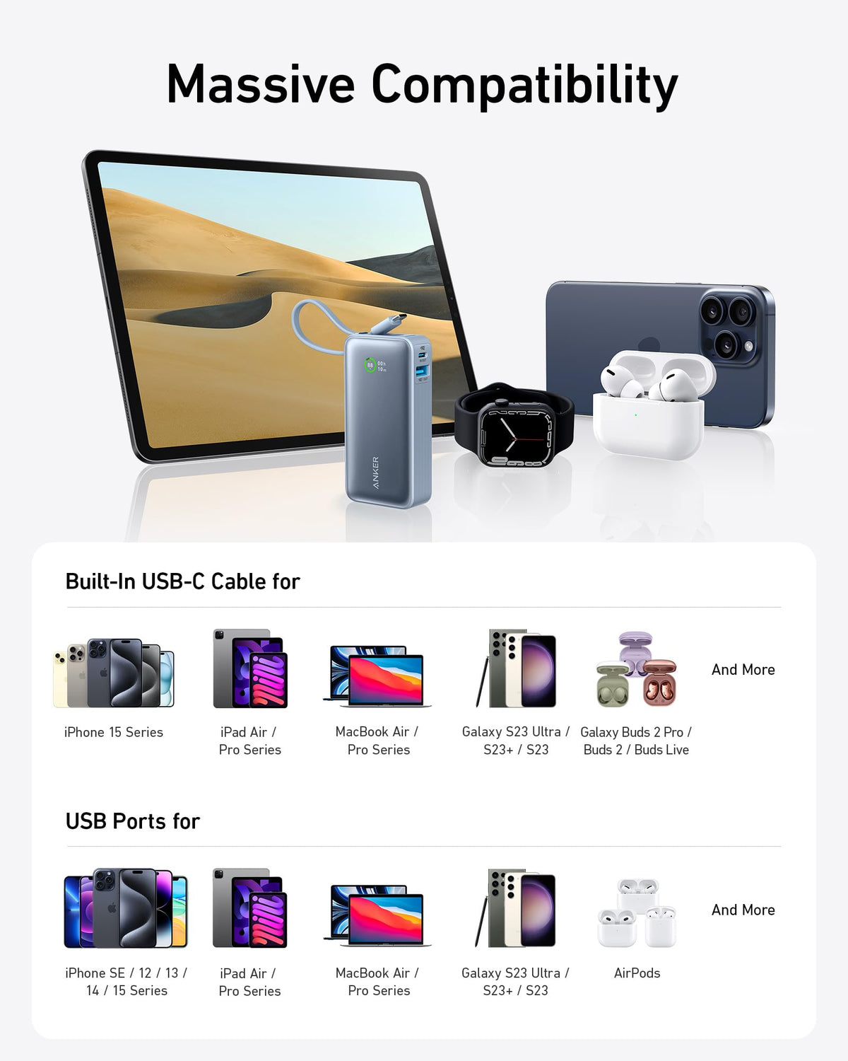 Anker Nano Power Bank, 10,000mAh Portable Charger with Built-in USB-C Cable, 30W Recharging, 30W Max Output with USB-C&A, for iPhone 17/16/15 Series, MacBook, Galaxy, AirPods, and More