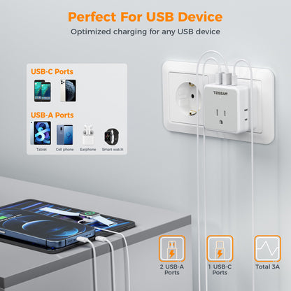 TESSAN All European UK Travel Plug Adapter Kit, International Detachable with 3 Outlet 3 USB Charger (1 USB C), Type C/G/E/F EU Ireland Power Adaptor, US to Europe Italy Spain France Greece