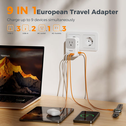 2 Pack European Plug Adapter USB C, TESSAN US to Europe Adapter 4 Outlets 3 USB Charger, Type C International Power Adaptor to Italy Spain France Portugal Iceland Germany, Europe Travel Essentials