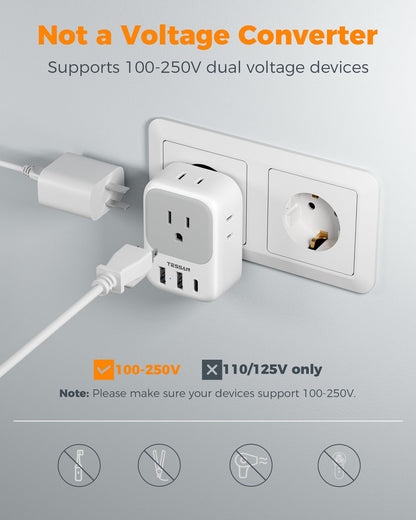 2 Pack European Plug Adapter USB C, TESSAN US to Europe Adapter 4 Outlets 3 USB Charger, Type C International Power Adaptor to Italy Spain France Portugal Iceland Germany, Europe Travel Essentials