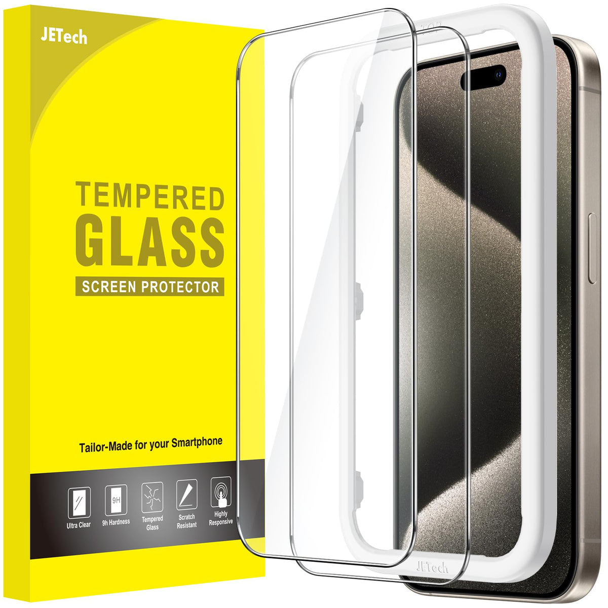 JETech Screen Protector for iPhone 15 6.1-Inch, Bubble Free, Tempered Glass Film with Easy Installation Tool, Case-Friendly, HD Clear, 2-Pack
