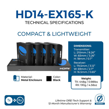 OREI 4K 1x4 HDMI Extender Splitter Over CAT6/7 Ethernet Cable Up to 4K@30Hz upto 165 ft-1080P@60Hz upto 230 ft, IR control, EDID, HDMI Loop Out (HD14-EX165-K)