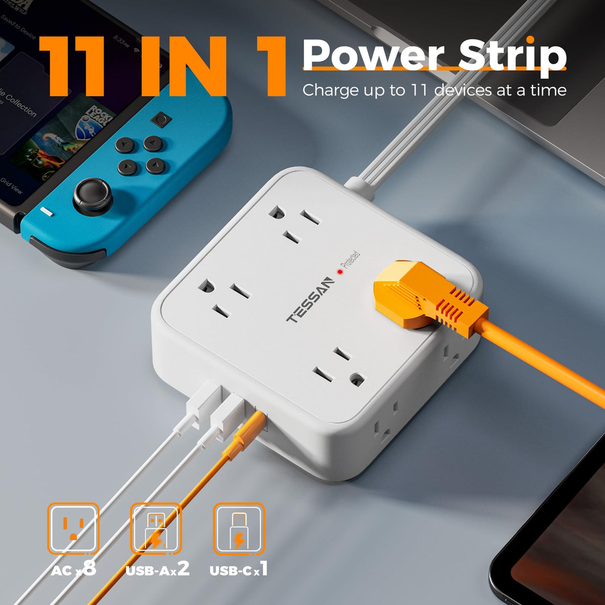 TESSAN Surge Protector Power Strip, 5 Ft Flat Plug Extension Cord with 3 USB (1 USB C) 8 Outlets, 1250W, 900J Protection, 3 Sided Outlet Extender with Power Switch for Office, Dorm Room, Grey