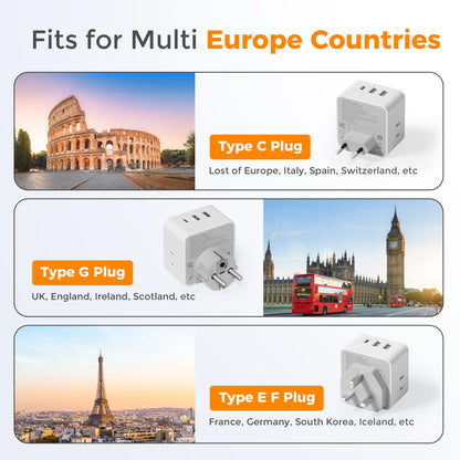 TESSAN All European UK Travel Plug Adapter Kit, International Detachable with 3 Outlet 3 USB Charger (1 USB C), Type C/G/E/F EU Ireland Power Adaptor, US to Europe Italy Spain France Greece