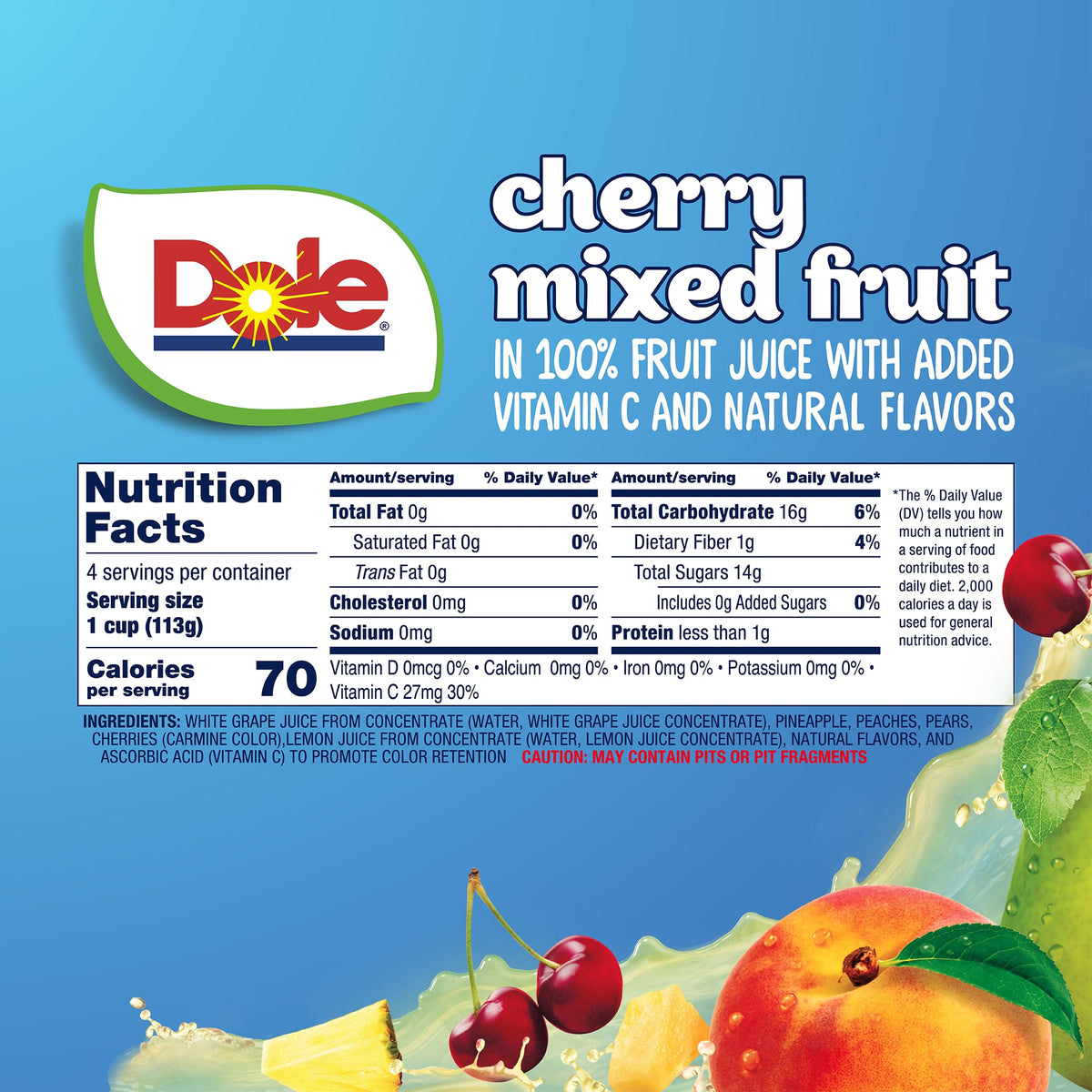 Dole Fruit Bowls No Sugar Added Snacks, Cherry Mixed Fruit 4oz 24 Cups, Gluten & Dairy Free, Bulk Lunch Snacks for Kids & Adults