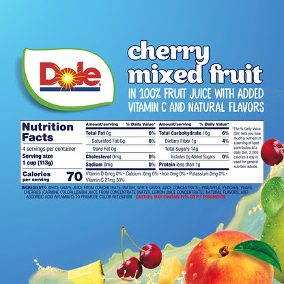Dole Fruit Bowls No Sugar Added Snacks, Cherry Mixed Fruit 4oz 24 Cups, Gluten & Dairy Free, Bulk Lunch Snacks for Kids & Adults