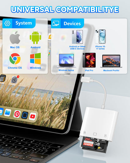 USB-C SD Card Reader, Dual Slot SD/MicroSD Adapter for iPhone 17/16/15