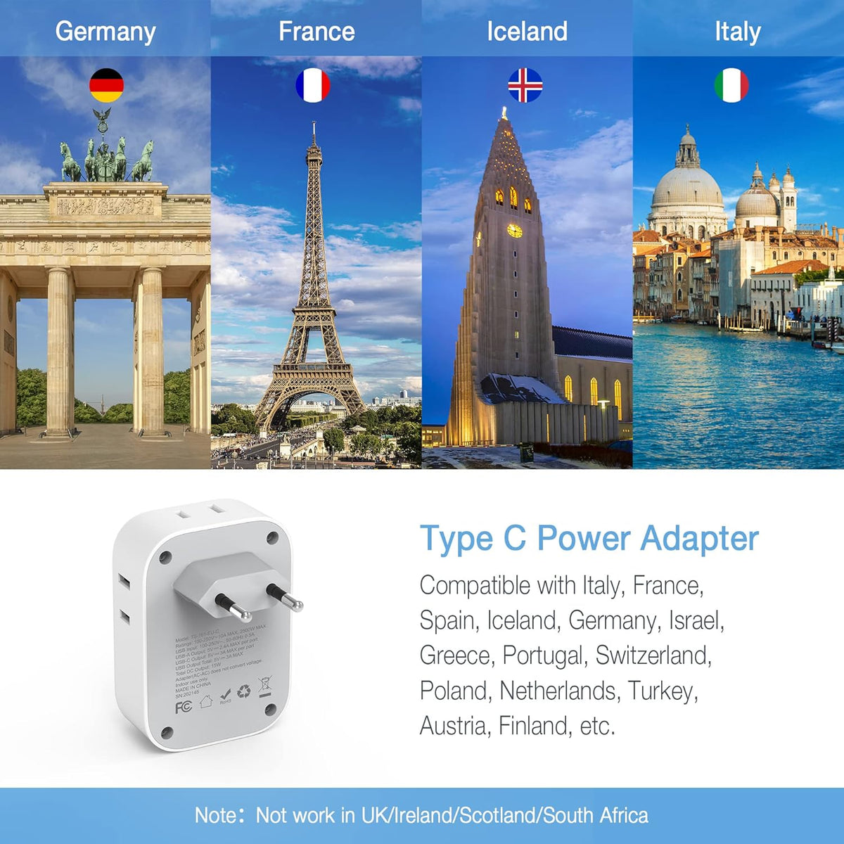 TESSAN European Travel Plug Adapter USB C, Type C Power Adaptor with 4 AC Outlets for USA to EU Italy Iceland Spain France Greece Germany